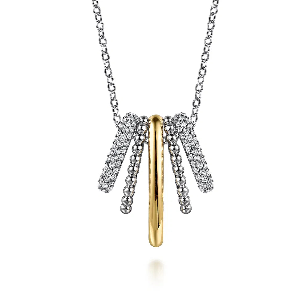 Gabriel & Co., 925 Sterling Silver and 14K Yellow Gold Bujukan and White Sapphire Multiple Row Pendant Necklace