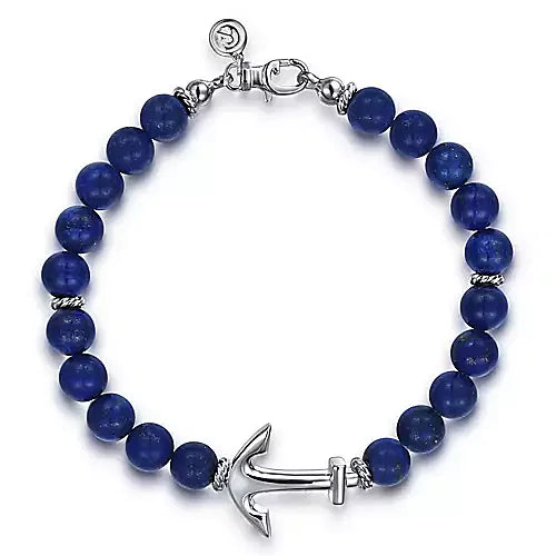 Gabriel & Co., Sterling Silver and 8mm Lapis Beaded Bracelet with Anchor
