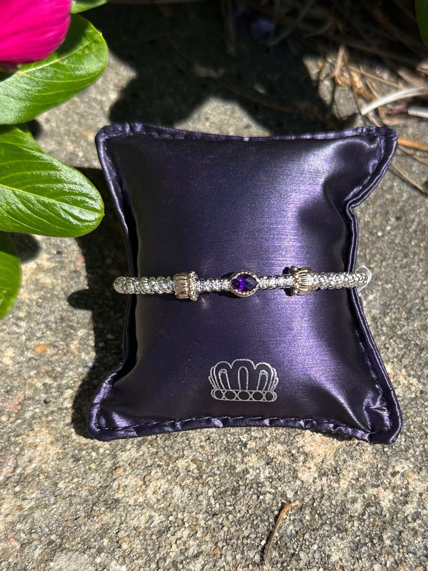 VAHAN 14K Gold and Sterling Silver, Purple Amethyst and Diamond Stackable Bracelet 3MM