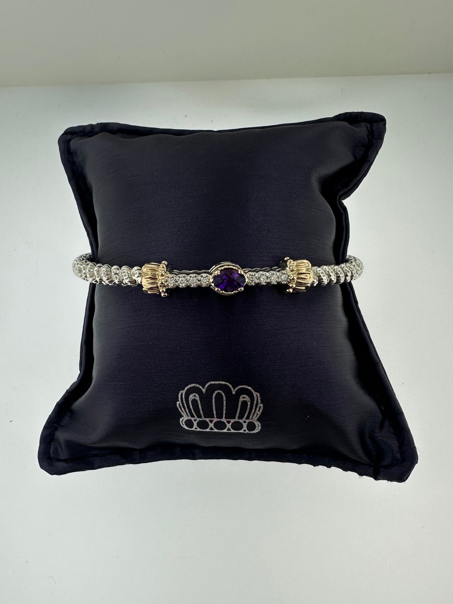 VAHAN 14K Gold and Sterling Silver, Purple Amethyst and Diamond Stackable Bracelet 3MM