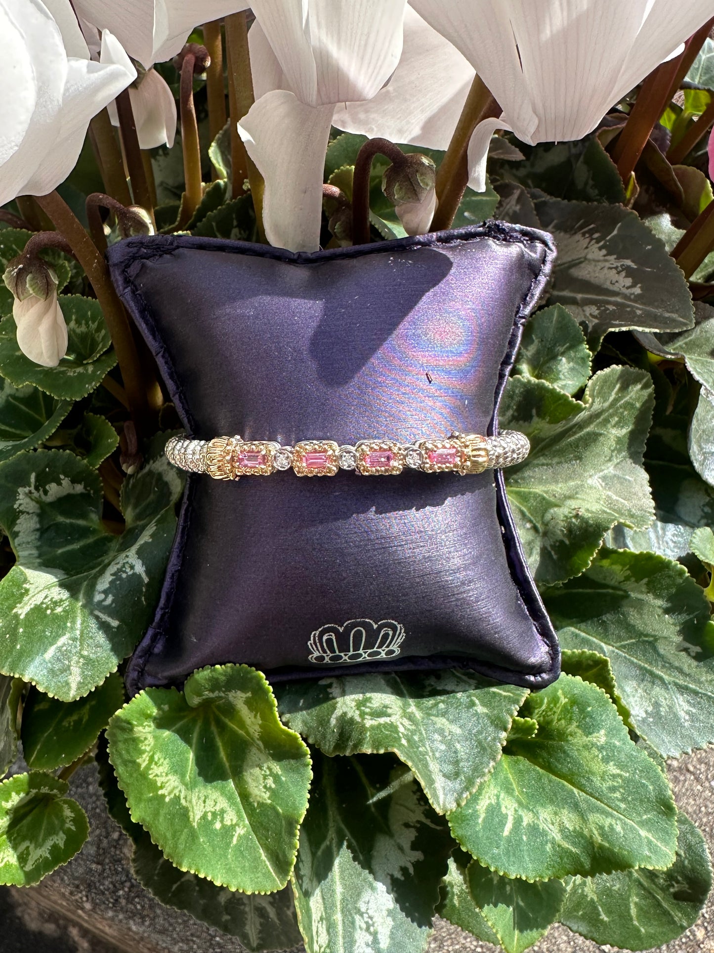 VAHAN 14K Gold and Sterling Silver, Pink Sapphire and Diamond Stackable Bracelet