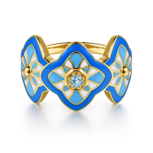 Gabriel & Co. Mosaic - 14K Yellow Gold Bujukan Blue Topaz Floral Wide Band with Blue Dusk Blue and White Enamel