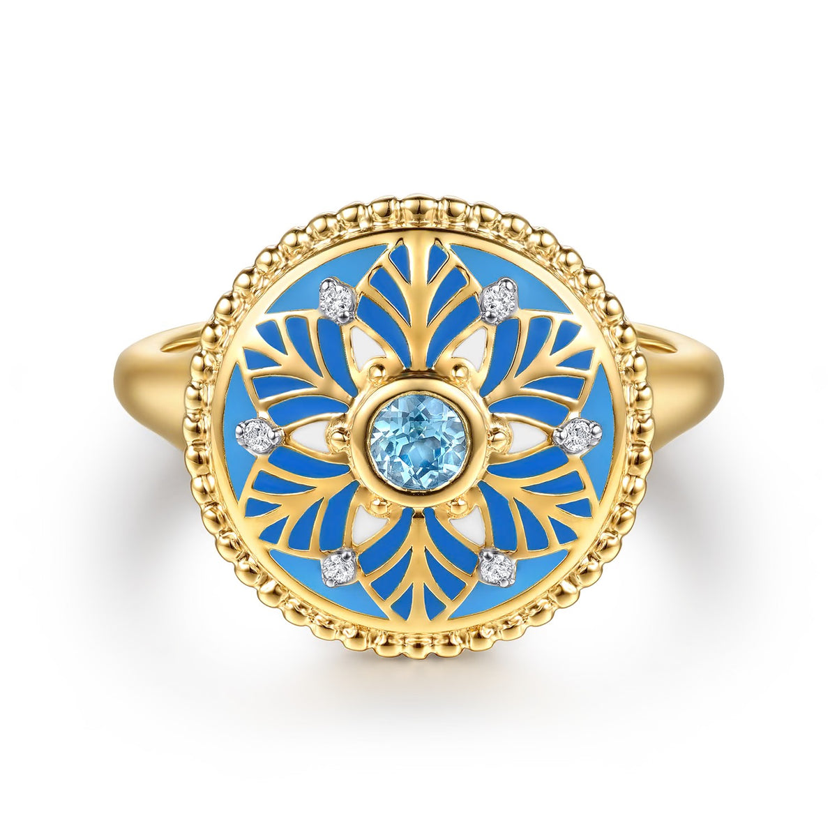 Gabriel & Co., Mosaic - 14K Yellow Gold Bujukan Diamond and Blue Topaz Signet Ring with Blue and Dust Blue and White Enamel