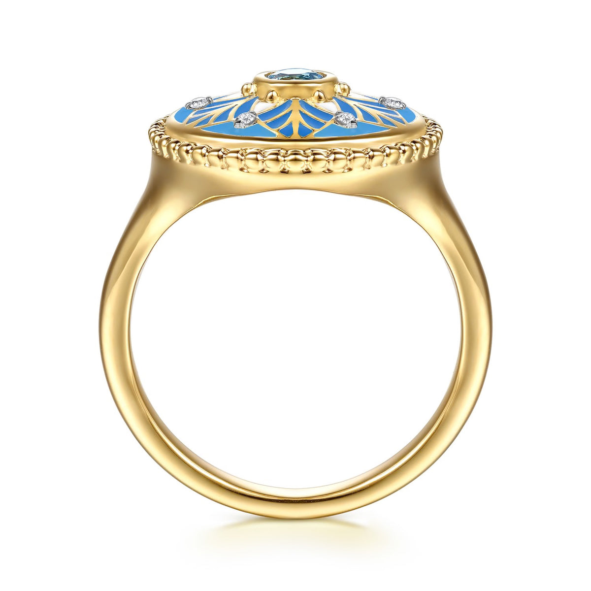 Gabriel & Co., Mosaic - 14K Yellow Gold Bujukan Diamond and Blue Topaz Signet Ring with Blue and Dust Blue and White Enamel