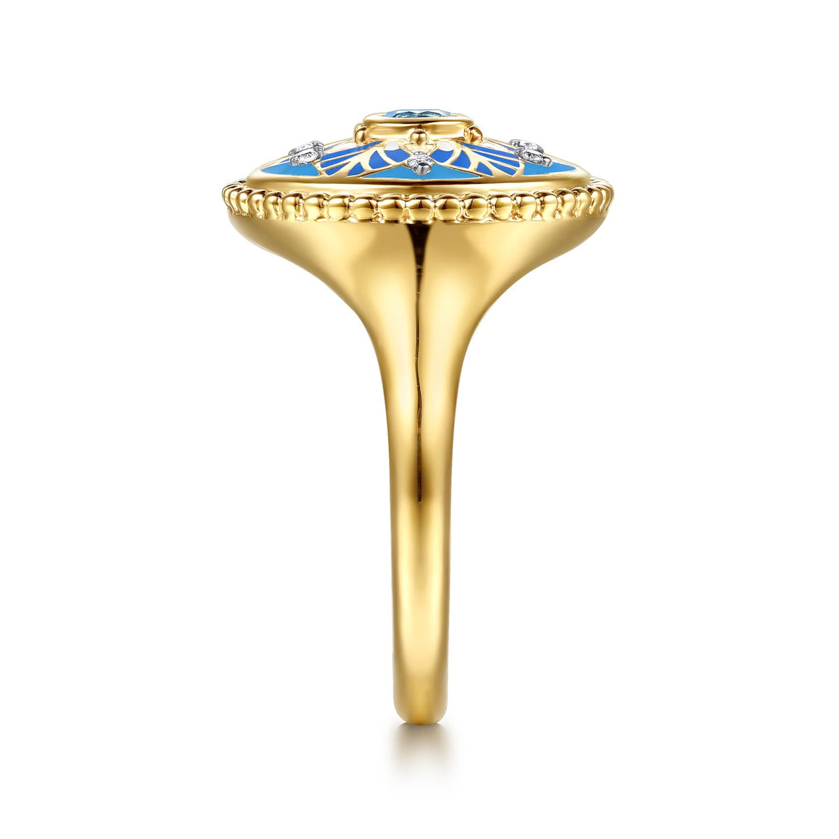 Gabriel & Co., Mosaic - 14K Yellow Gold Bujukan Diamond and Blue Topaz Signet Ring with Blue and Dust Blue and White Enamel