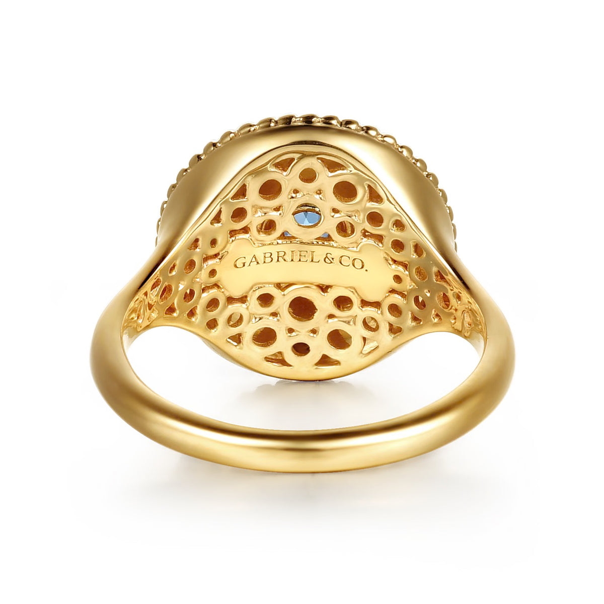 Gabriel & Co., Mosaic - 14K Yellow Gold Bujukan Diamond and Blue Topaz Signet Ring with Blue and Dust Blue and White Enamel