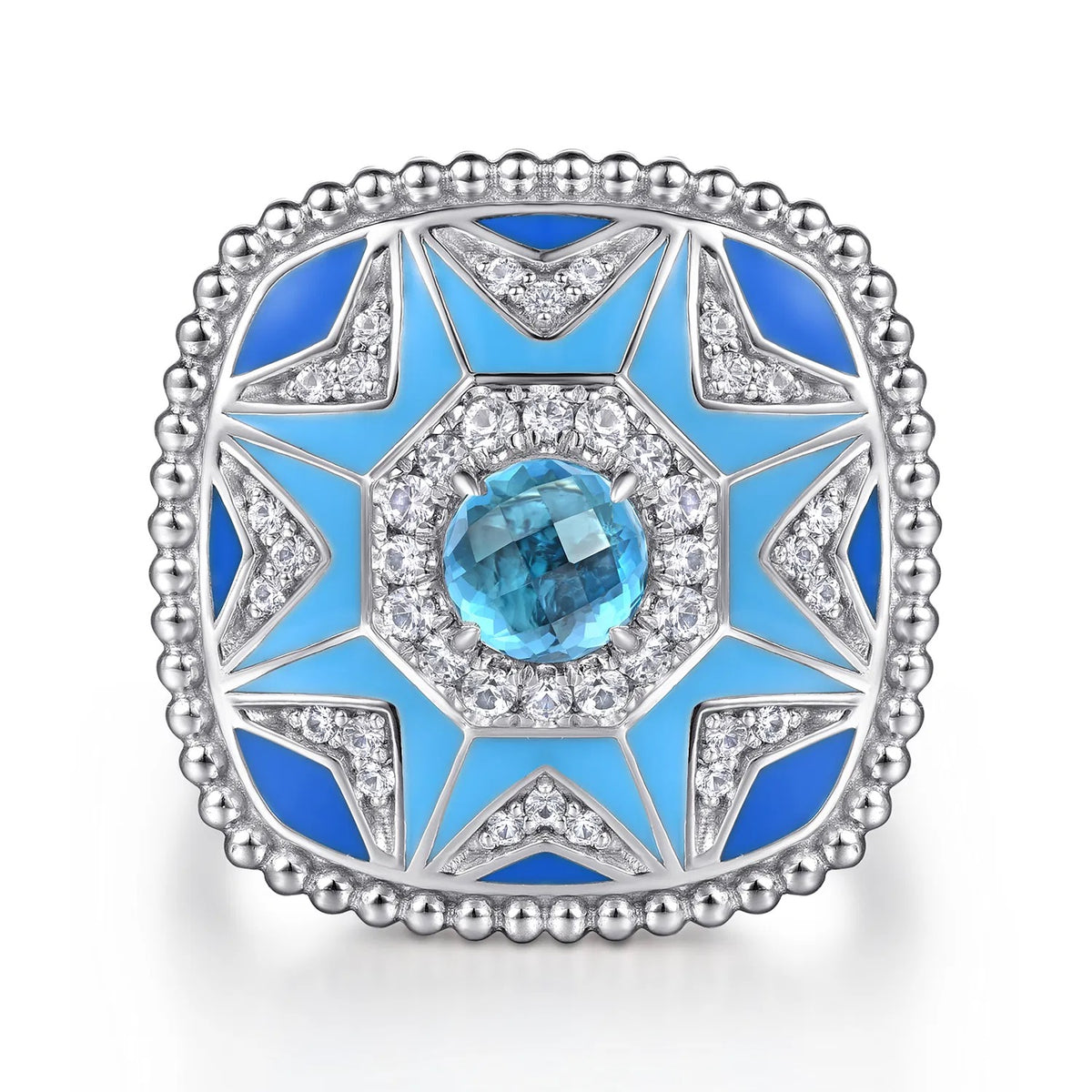 Gabriel & Co. Mosaic - 925 Sterling Silver Bujukan White Sapphire and Blue Topaz Signet Ring with Blue and Dust Blue Enamel