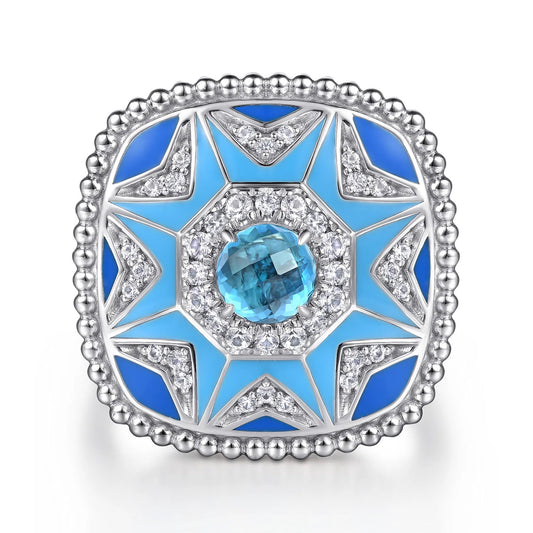 Gabriel & Co. Mosaic - 925 Sterling Silver Bujukan White Sapphire and Blue Topaz Signet Ring with Blue and Dust Blue Enamel