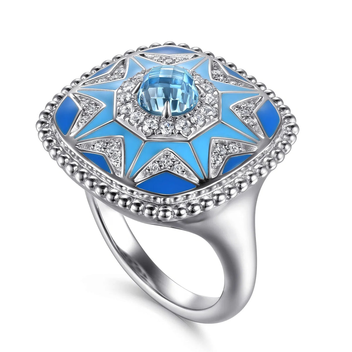 Gabriel & Co. Mosaic - 925 Sterling Silver Bujukan White Sapphire and Blue Topaz Signet Ring with Blue and Dust Blue Enamel