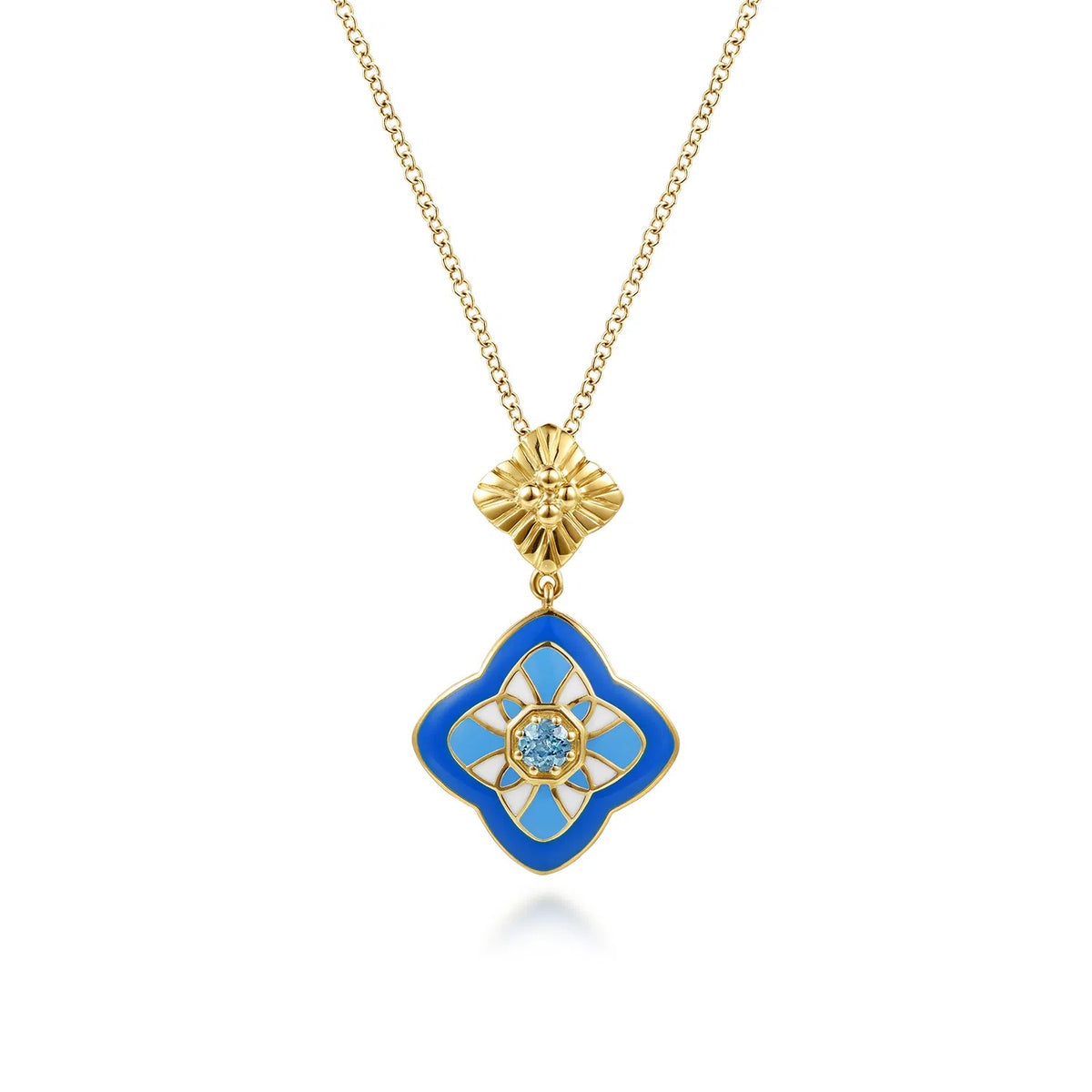 Gabriel & Co., Mosaic - 14K Yellow Gold Bujukan Blue Topaz Clover Pendant Drop Necklace with Blue Dusk Blue and White Enamel