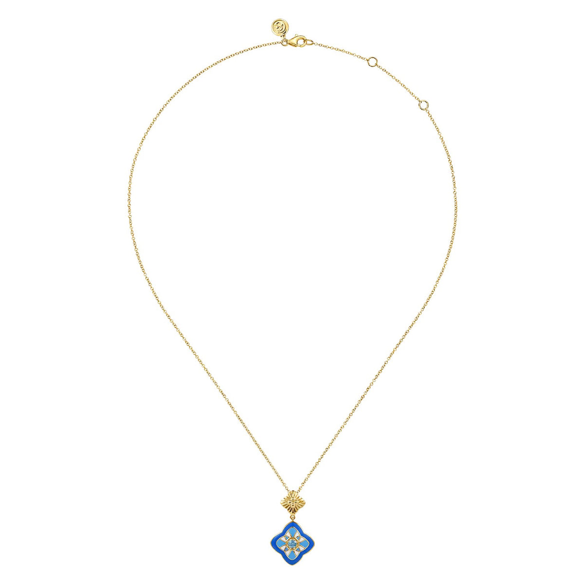 Gabriel & Co., Mosaic - 14K Yellow Gold Bujukan Blue Topaz Clover Pendant Drop Necklace with Blue Dusk Blue and White Enamel