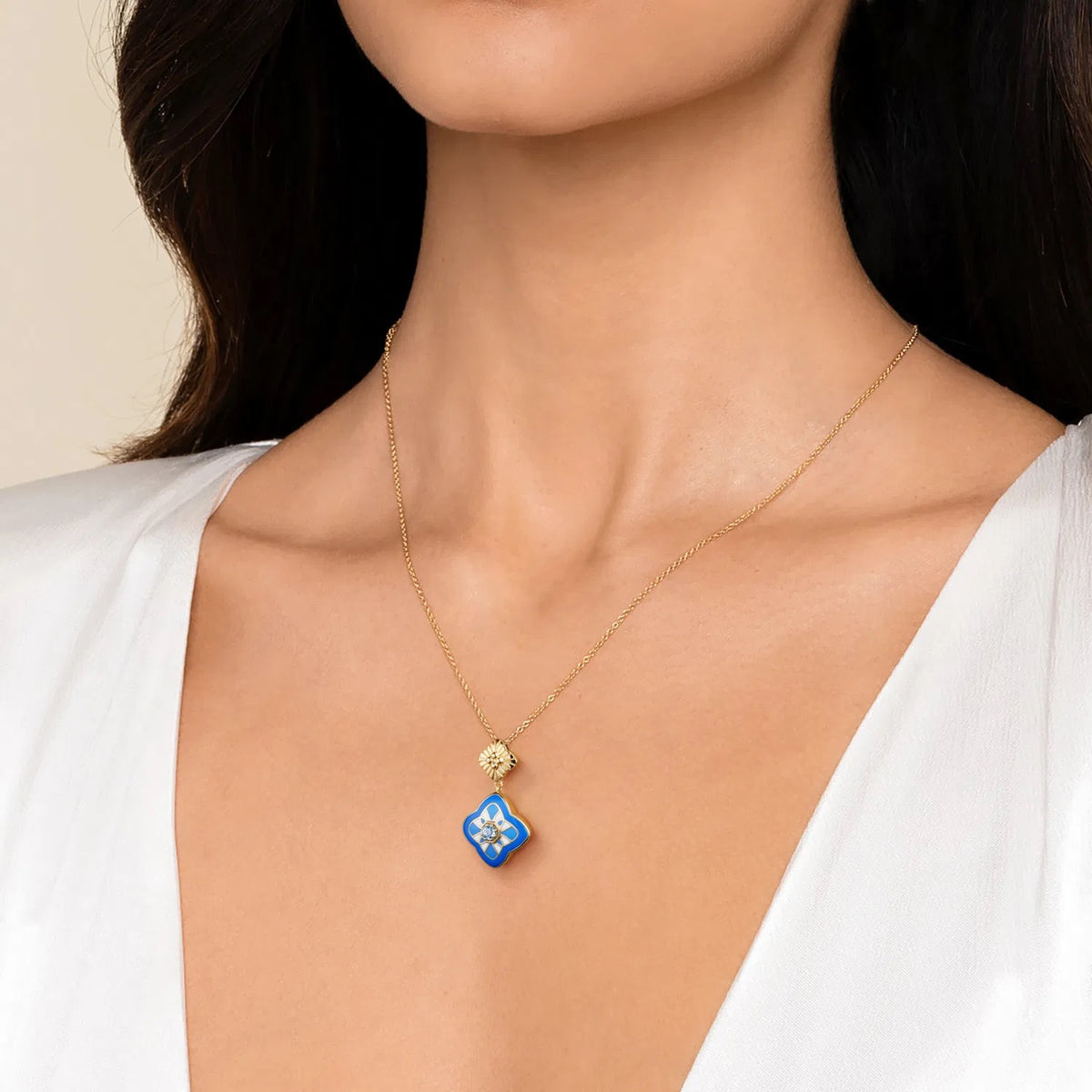 Gabriel & Co., Mosaic - 14K Yellow Gold Bujukan Blue Topaz Clover Pendant Drop Necklace with Blue Dusk Blue and White Enamel