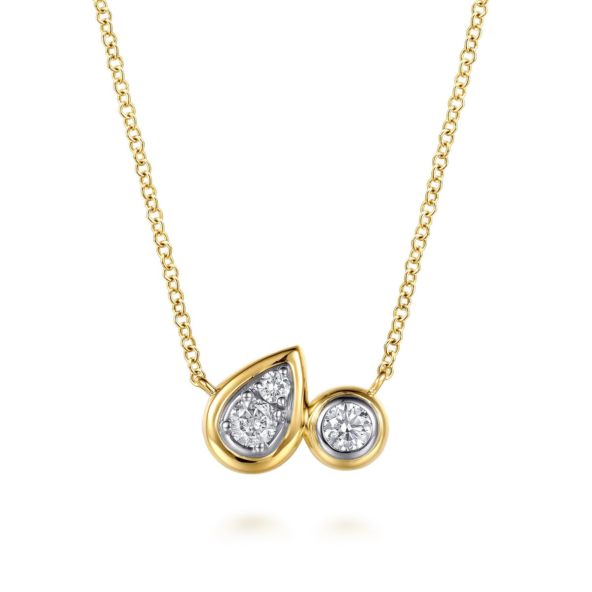 Gabriel & Co., Diamond Pear and Round Pendant Necklace in 14K Yellow Gold
