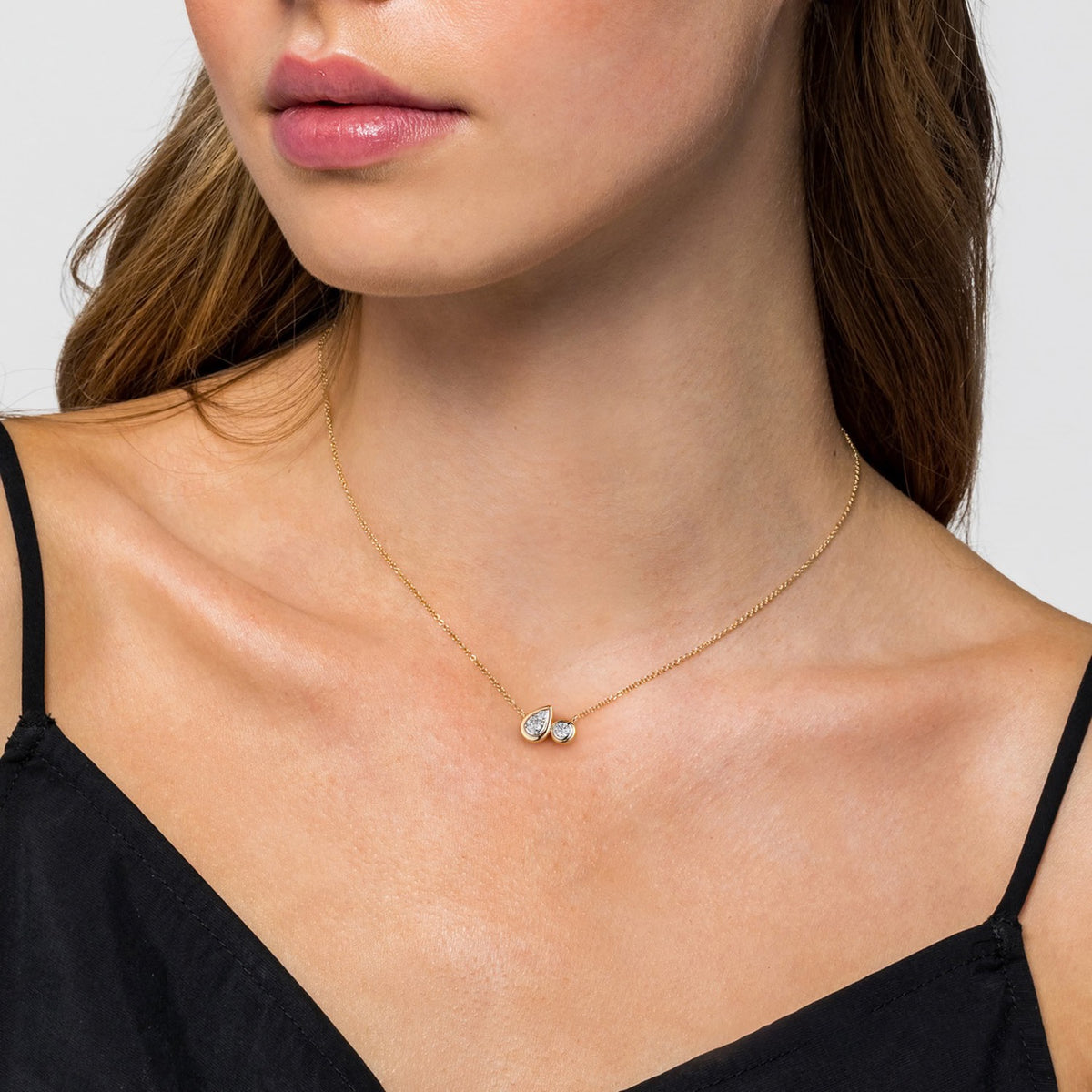 Gabriel & Co., Diamond Pear and Round Pendant Necklace in 14K Yellow Gold