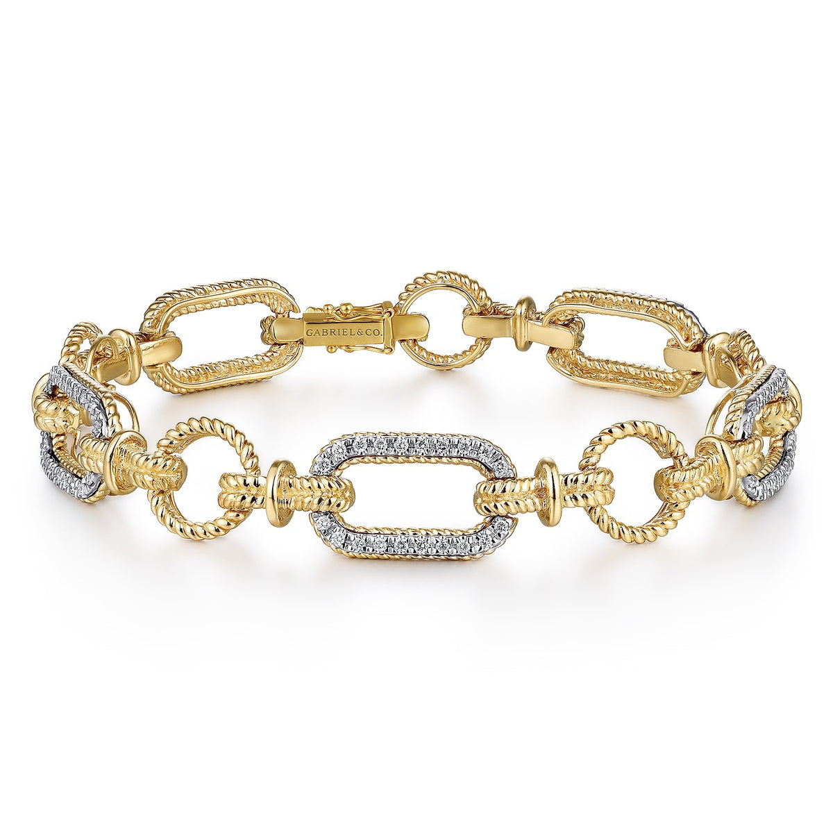 Gabriel & Co. 14K Yellow and White Gold Diamond Bracelet with Alternating Links