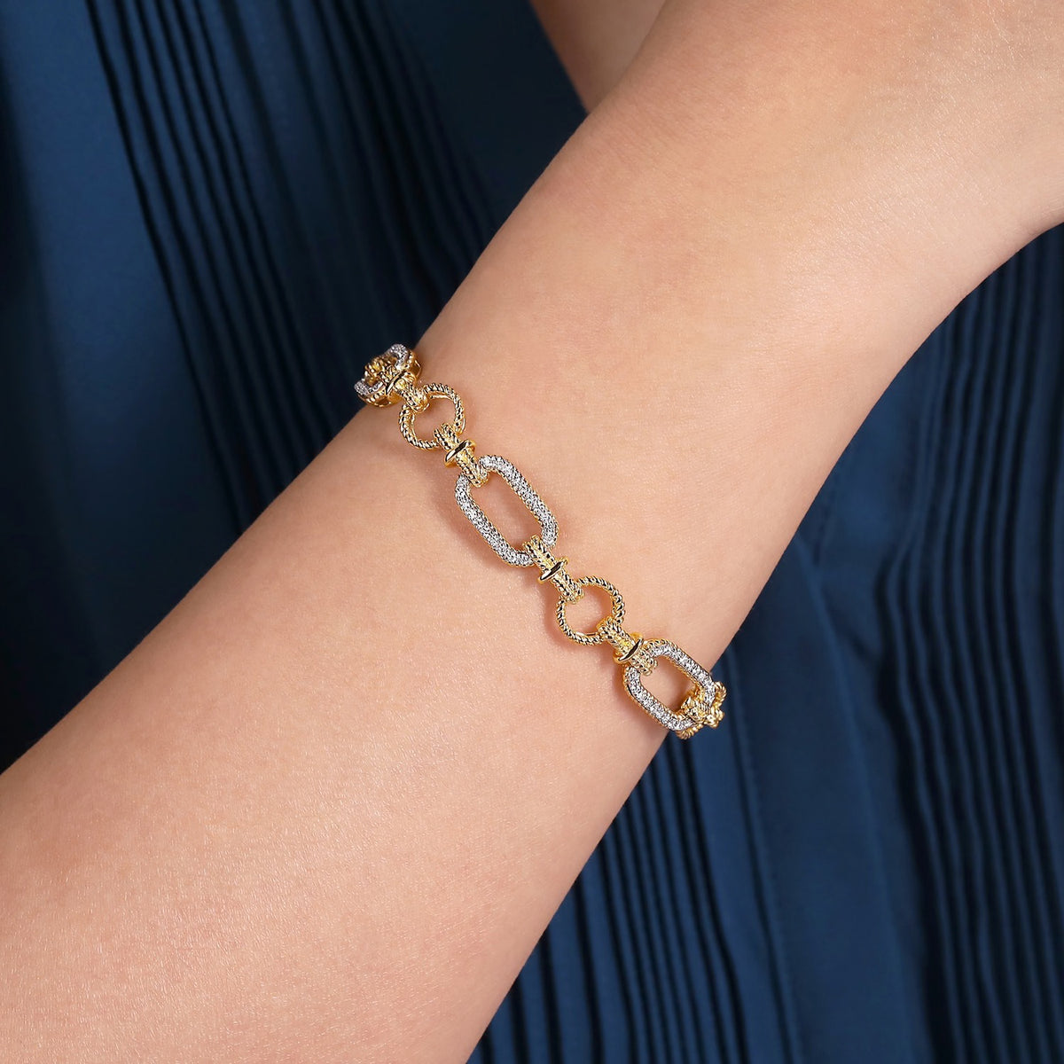 Gabriel & Co. 14K Yellow and White Gold Diamond Bracelet with Alternating Links