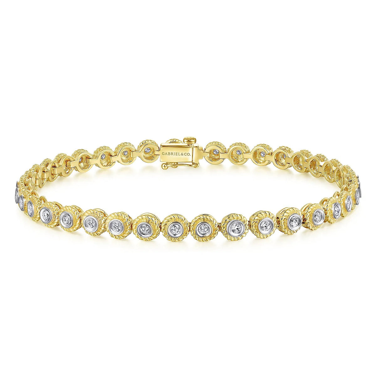 Gabriel & Co. Bezel Set Diamond Tennis Bracelet with Twisted Rope Frame in 14K Yellow Gold