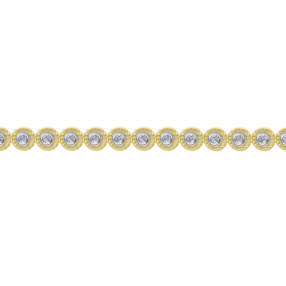 Gabriel & Co. Bezel Set Diamond Tennis Bracelet with Twisted Rope Frame in 14K Yellow Gold