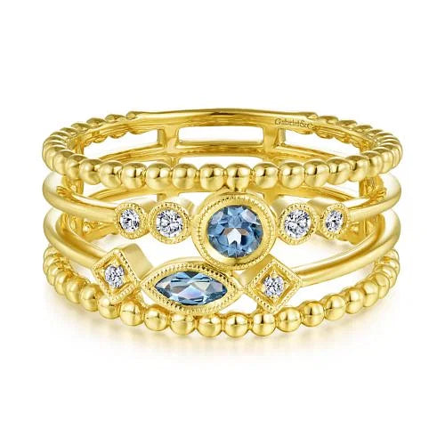 Gabriel & Co., 14K Yellow Gold Swiss Blue Topaz and Diamond Multi Row Ring