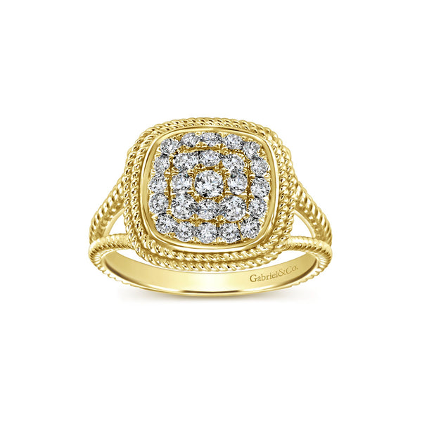 Gabriel & Co., 14K Yellow Gold Cushion Shape Diamond Pave Split Shank Ring