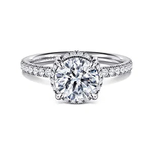 Gabriel & Co., 14K White Gold Round Cut Semi-Mount Pave Shank Diamond Engagement Ring