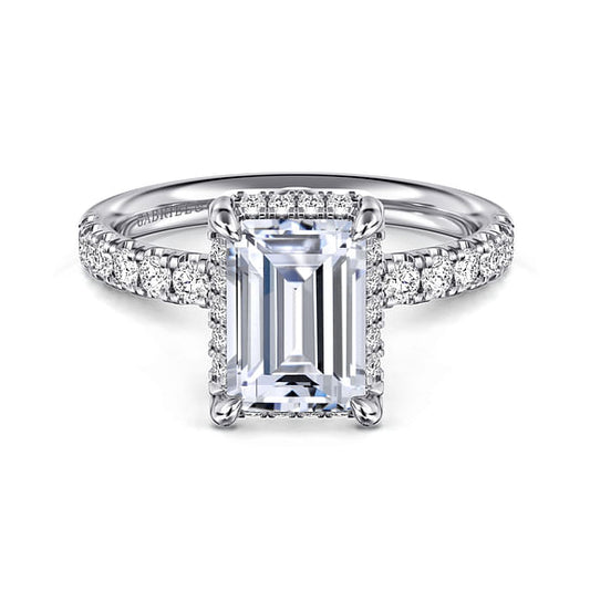 Gabriel & Co., 14K White Gold Emerald Cut Semi-Mount Pave Shank Diamond Engagement Ring