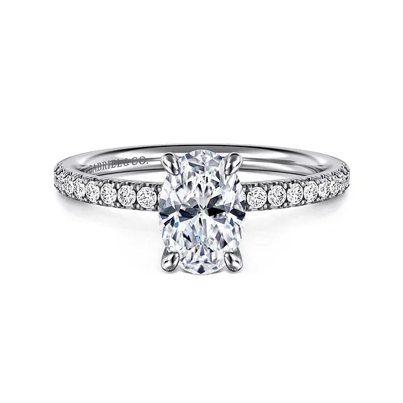 Gabriel & Co., 14K White Gold Oval Cut Semi-Mount Pave Shank Diamond Engagement Ring