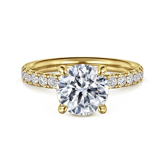 Gabriel & Co., 14K Yellow Gold Round Cut Semi-Mount Pave Shank Diamond Engagement Ring
