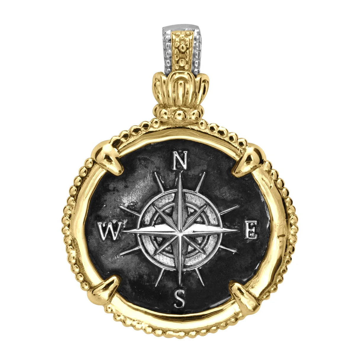 VAHAN 14K Gold and Sterling Silver, Compass Coin Pendant