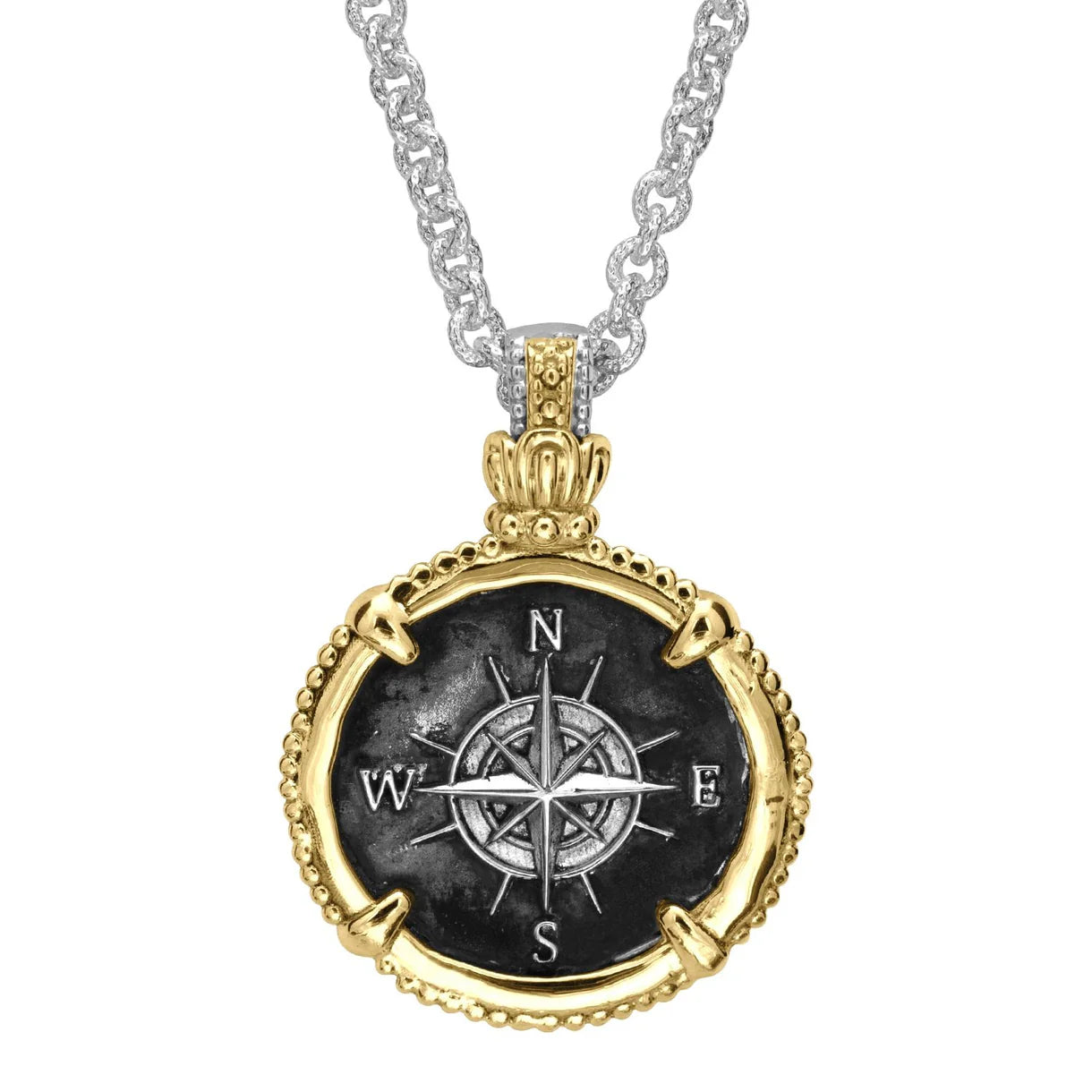 VAHAN 14K Gold and Sterling Silver, Compass Coin Pendant