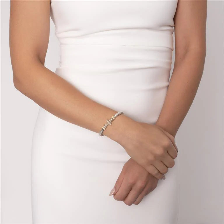 VAHAN, 14K Gold and Sterling Silver, Diamond Cross Stackable Bracelet