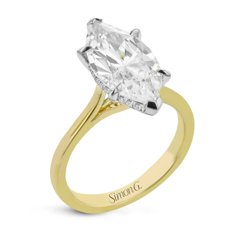 Simon G., Marquise Cut Semi Mount with a Hidden Halo Engagement Ring in 14K Yellow Gold with Diamonds