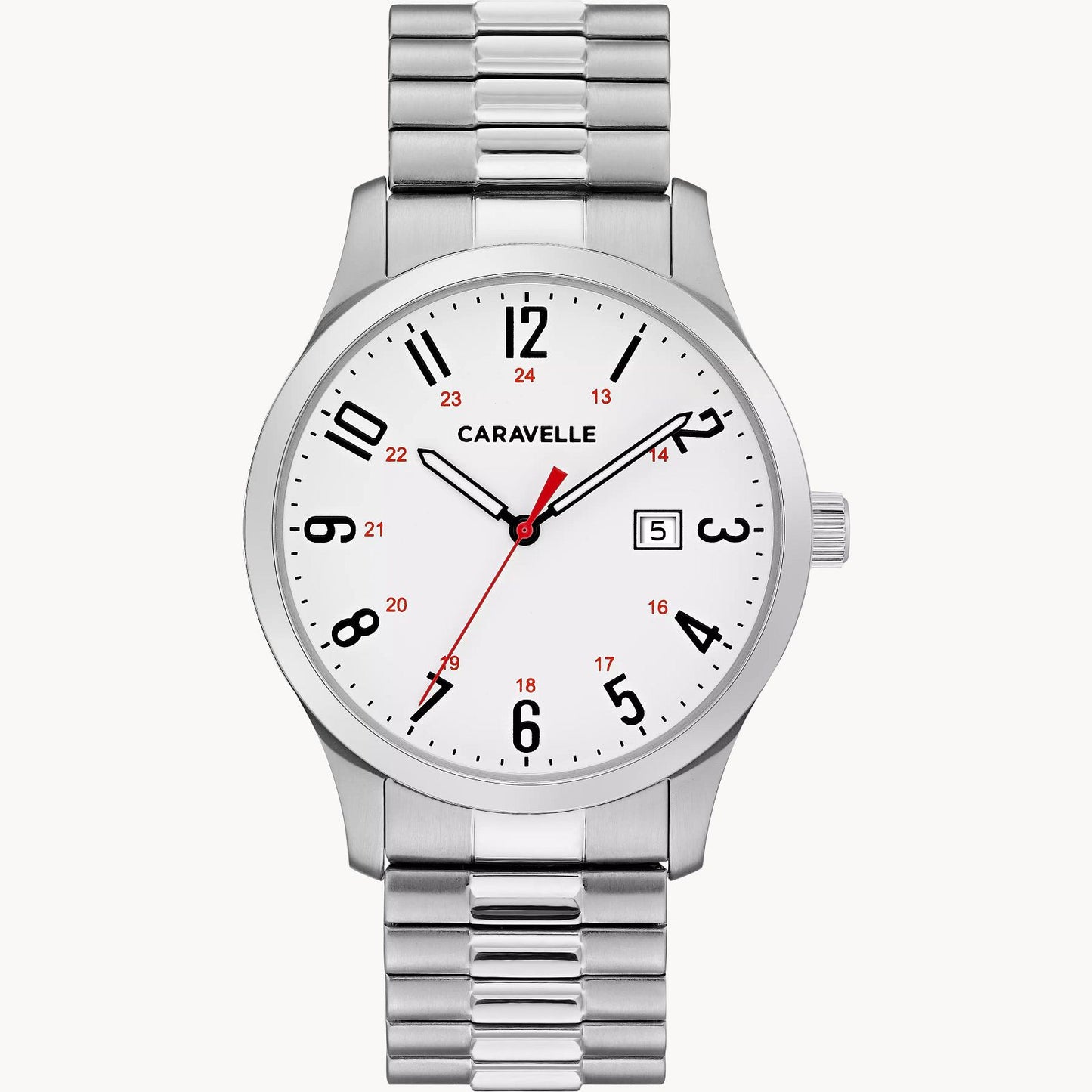Caravelle Traditional Stainless Steel White Dial Stretch Band Mens