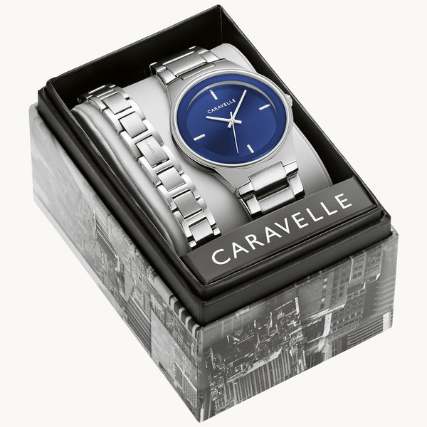 Caravelle Blue Dial Stainless Steel Bracelet Box Set
