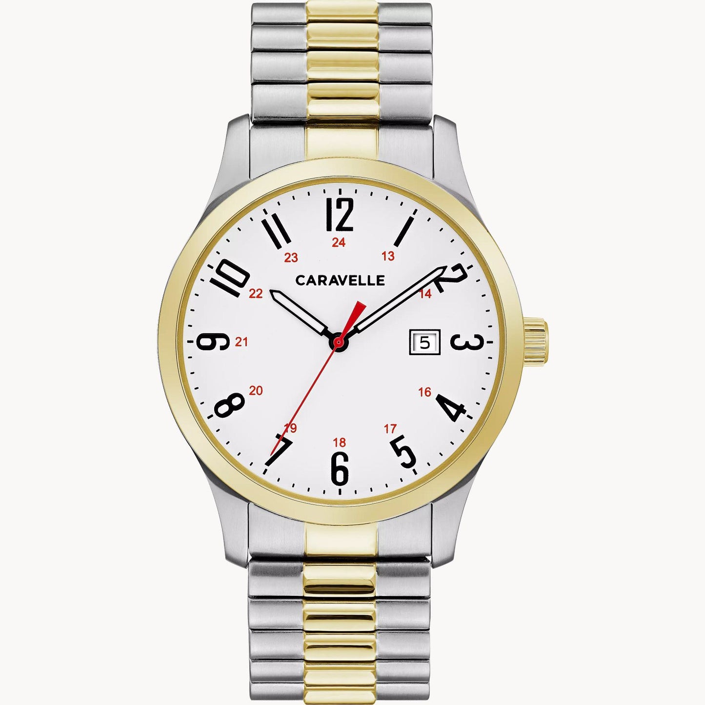 Caravelle Traditional Two Tone White Dial Stretch Band Mens Watch