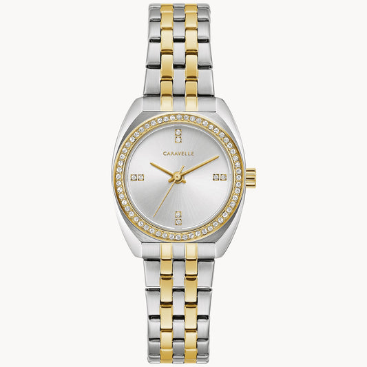 Caravelle Sport Two Tone Crystal Bezel Silver Dial Ladies Watch