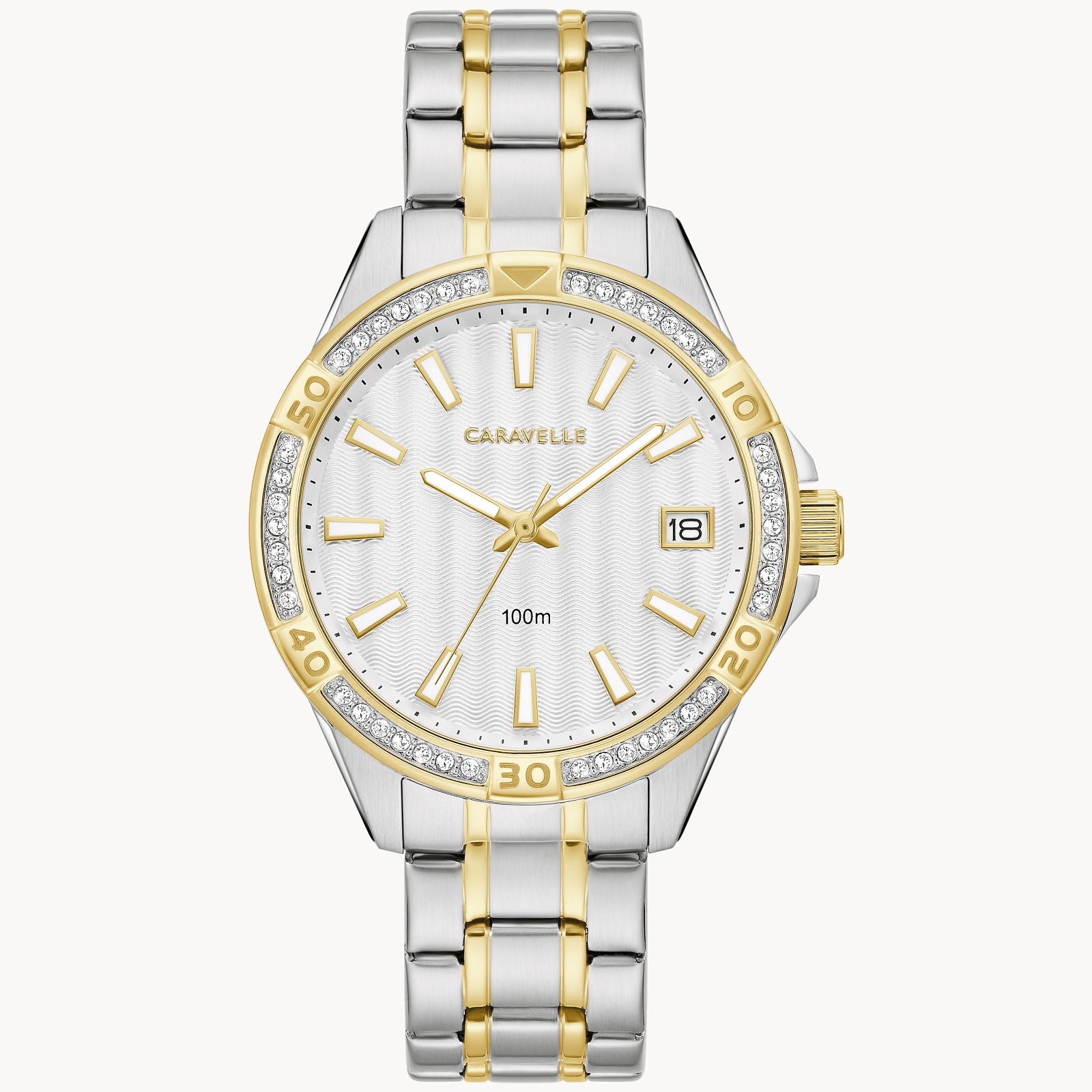 Caravelle Aqualuxx Two Tone Crystal Silver Dial Ladies Watch