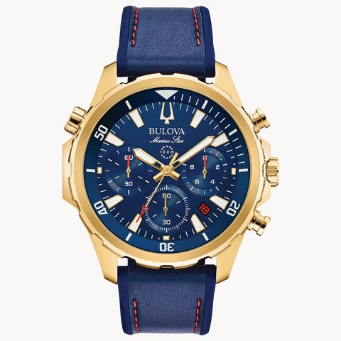 Bulova Marine Star Gold Case with Blue Dial and Blue Strap Mens Watch