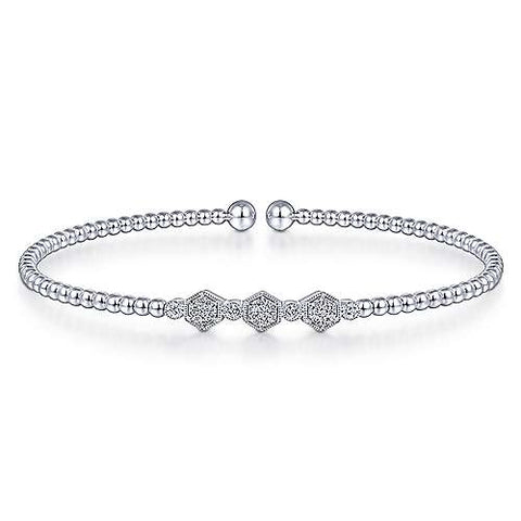 Gabriel & Co., 14K White Gold Bujukan Bead Cuff Bracelet with Cluster Diamond Hexagon Stations