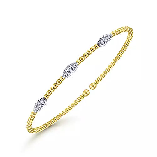 Gabriel & Co.,14K White-Yellow Gold Bujukan Bead Cuff Bracelet with Diamond Filled Marquise Stations