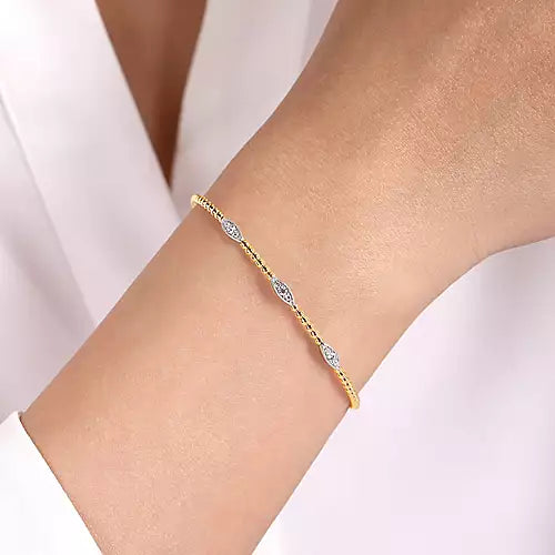 Gabriel & Co.,14K White-Yellow Gold Bujukan Bead Cuff Bracelet with Diamond Filled Marquise Stations
