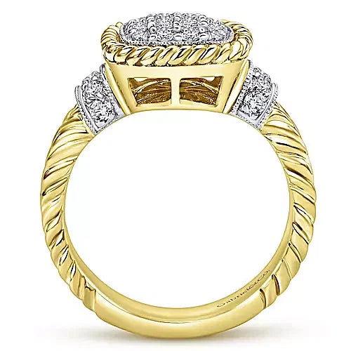 Gabriel & Co., 14K White-Yellow Gold Cushion Shape Pavé Cluster Diamond Ring
