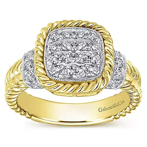 Gabriel & Co., 14K White-Yellow Gold Cushion Shape Pavé Cluster Diamond Ring