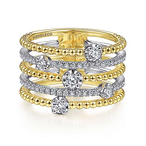 Gabriel & Co 14K White-Yellow Gold Five Row Bujukan Ball and Diamond Station Ring