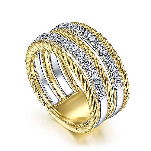 Gabriel & Co., 14K White-Yellow Gold Twisted Rope and Diamond Ring
