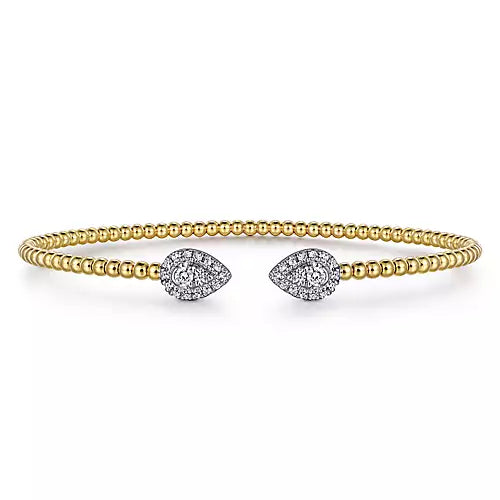 Gabriel & Co., 14K Yellow and White Gold Pear Shape End Open Bujukan Bangle