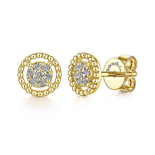 Gabriel & Co., 14K Yellow Gold Beaded Round Frame Diamond Cluster Stud Earrings