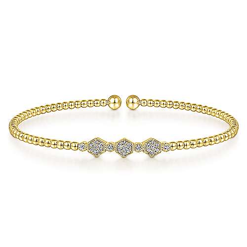 Gabriel & Co.,14K Yellow Gold Bujukan Bead Cuff Bracelet with Cluster Diamond Hexagon Stations
