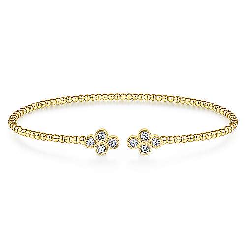 Gabriel & Co., 14K Yellow Gold Bujukan Bead Split Cuff Bracelet with Quatrefoil Diamond Endcaps