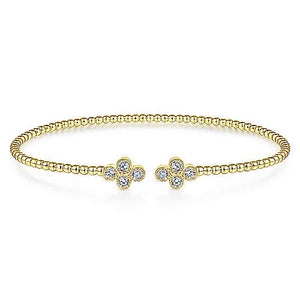 Gabriel & Co., 14K Yellow Gold Bujukan Bead Split Cuff Bracelet with Quatrefoil Diamond Endcaps